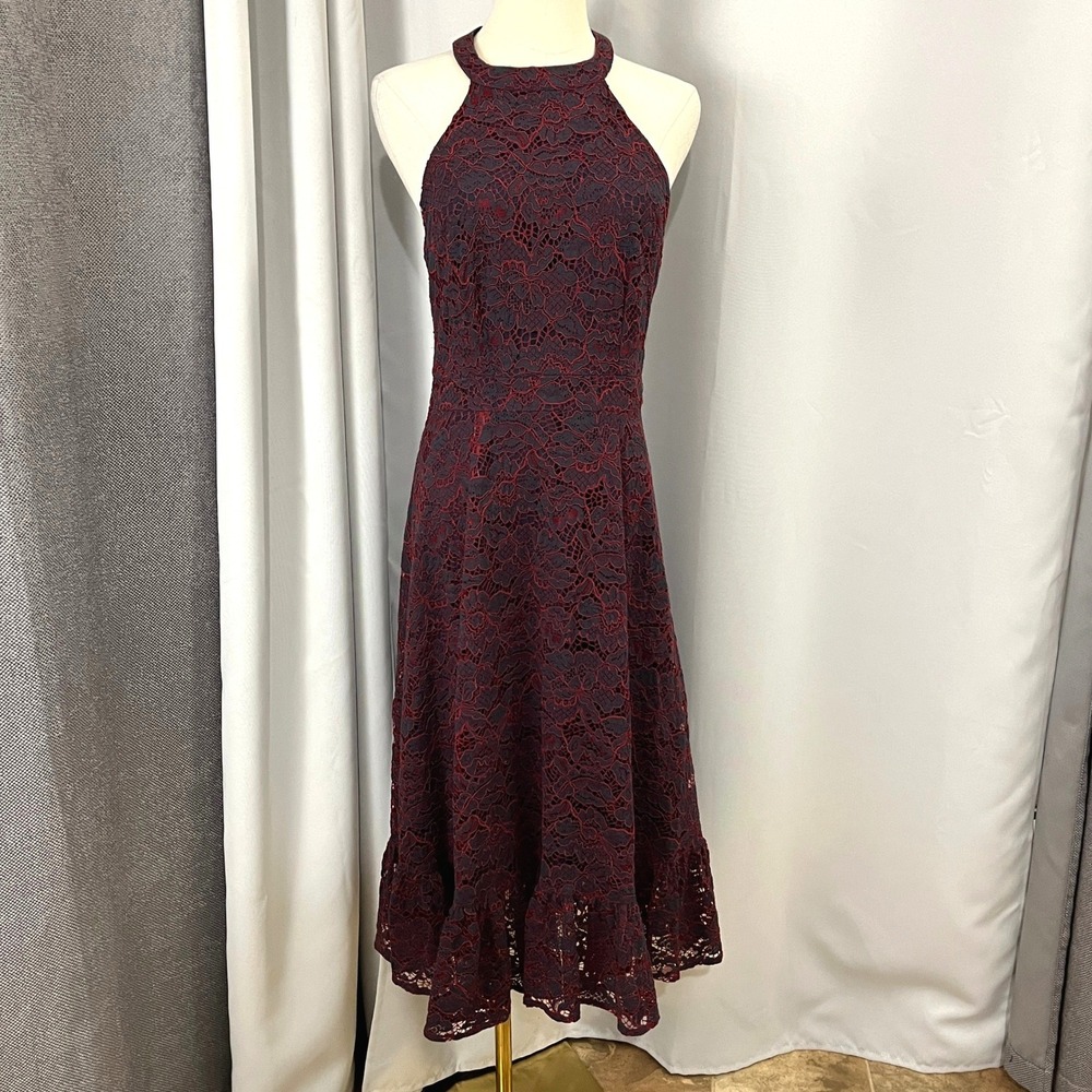 ModCloth A‎ Night Like This Lace Dress Womens 6 Burgundy Floral Midi Ruffle